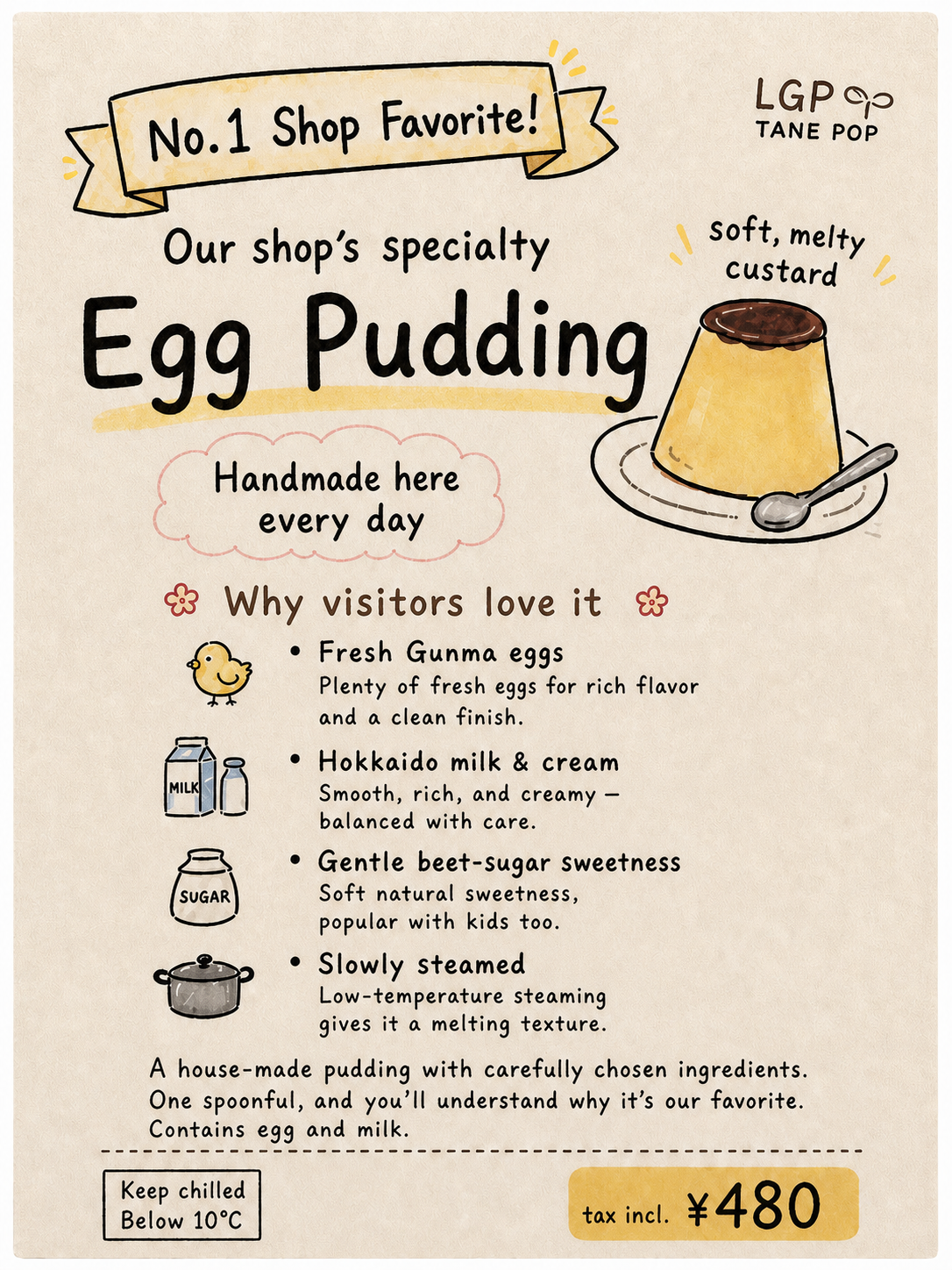 TANE POPが仕上げた英語POP（Our shop's specialty Egg Pudding）